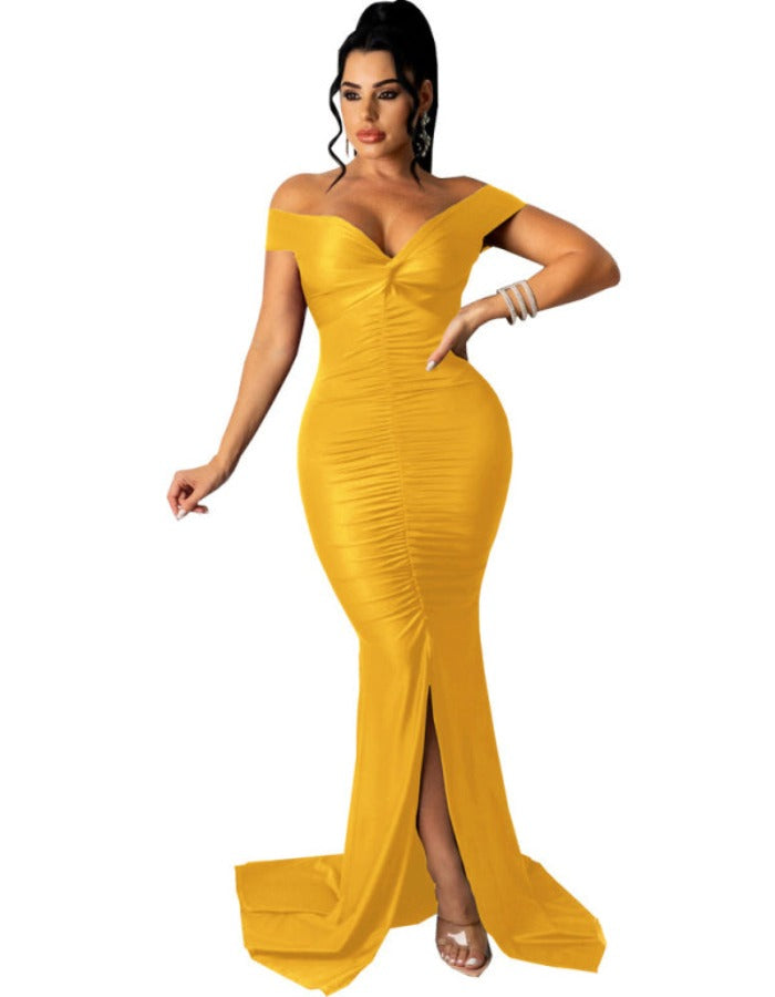 SHOPIQAT Women's Solid Colour Big V Neck Skinny Ruched Dress - Premium from shopiqat - Just $12.900! Shop now at shopiqat
